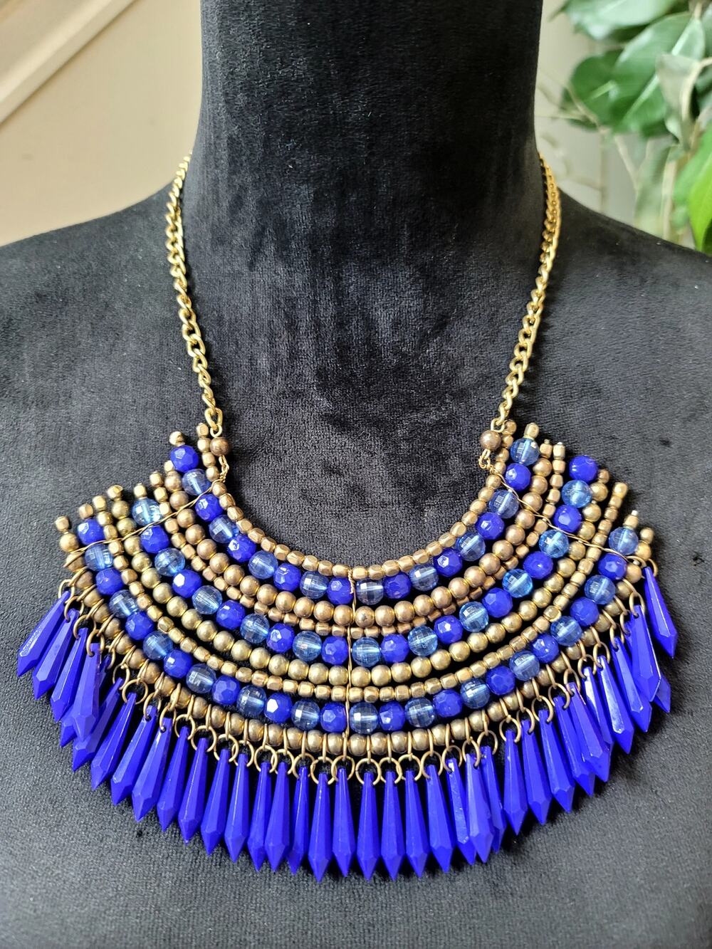 Royal Blue Gold Tone Beaded Fringe Bib Statement Necklace Boho